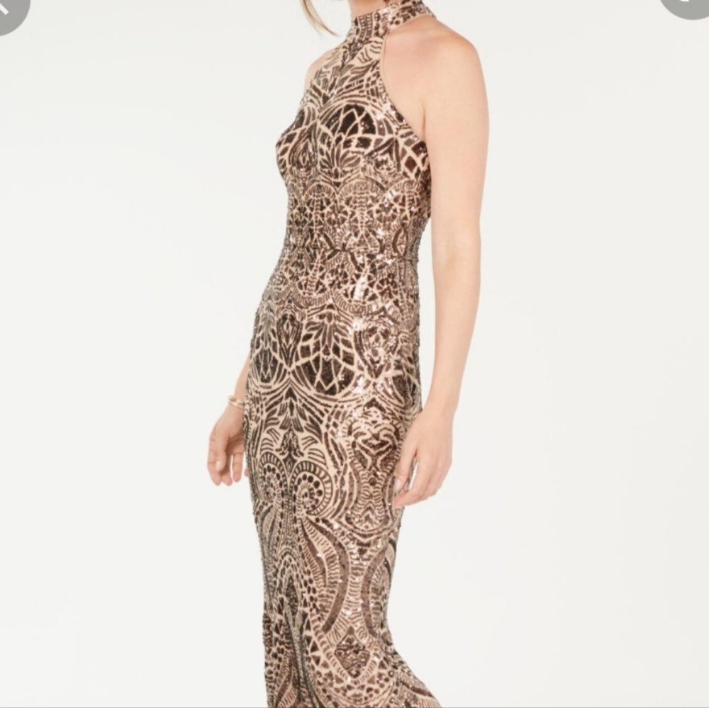 Betsy & Adam Placed-Sequins Halter Gown